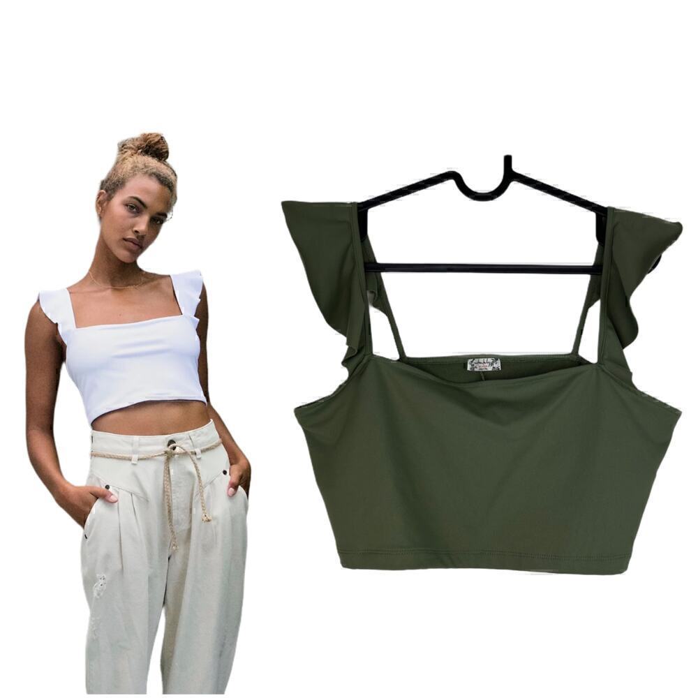 NWOT Free People Army Green Little Flirty Duo Crop Flutter Top Size Large